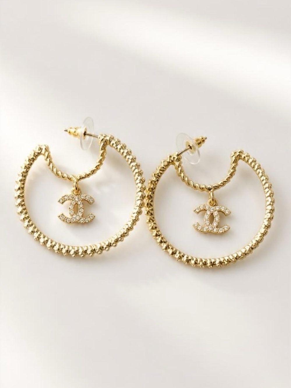 Gold tone rhinestone /pearl letter CC charm hoops